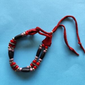 Iroquois Six Nations Black & Red 2 Strand Bracelet Leather Hair-Pipe Beads Easte